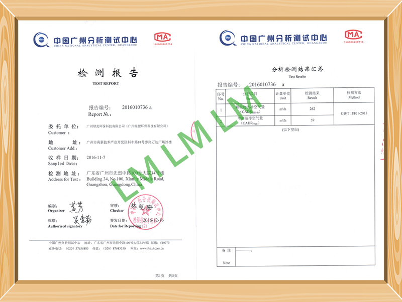 中国广州分析测试中心检测报告-绿美净化器